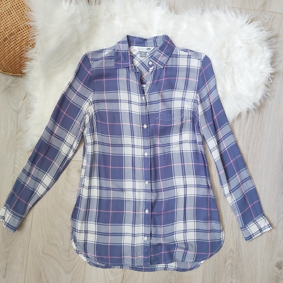 Old Navy Pastel Plaid Navy Button Down Flannel - Picture 2 of 7